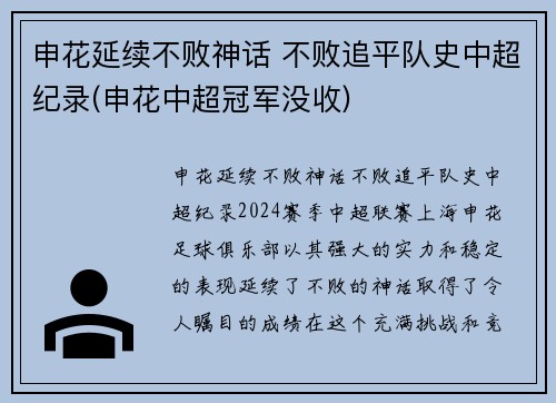 申花延续不败神话 不败追平队史中超纪录(申花中超冠军没收)